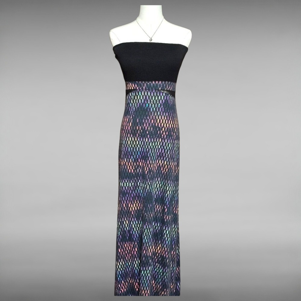 Hurley Womens Strapless Maxi Dress Small Black Multi Color Mesh Cutout Geometric